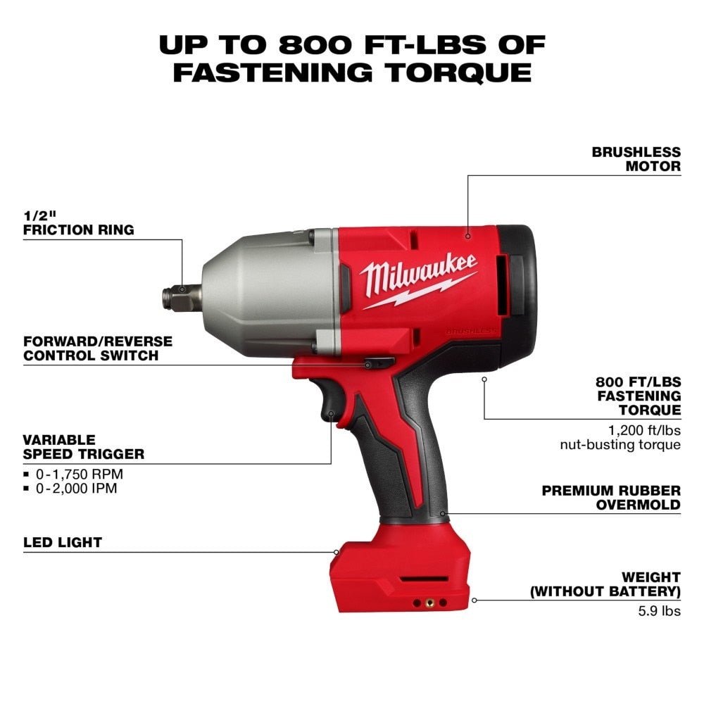 Milwaukee 2666-20 M18 Brushless 1/2" High Torque Impact Wrench w/ Friction Ring - Image 2