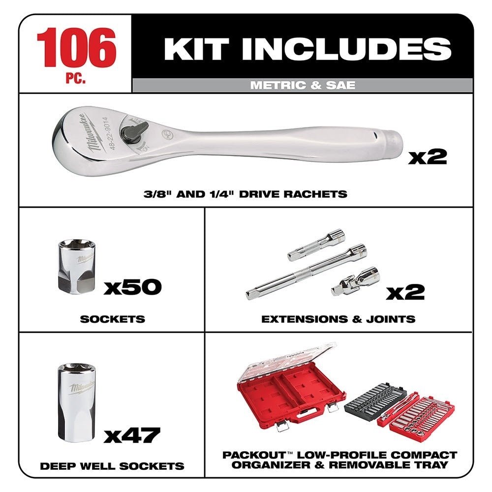 Milwaukee 48-22-9486 1/4" & 3/8” 106pc Ratchet and Socket Set in PACKOUT - SAE & Metric - Image 2