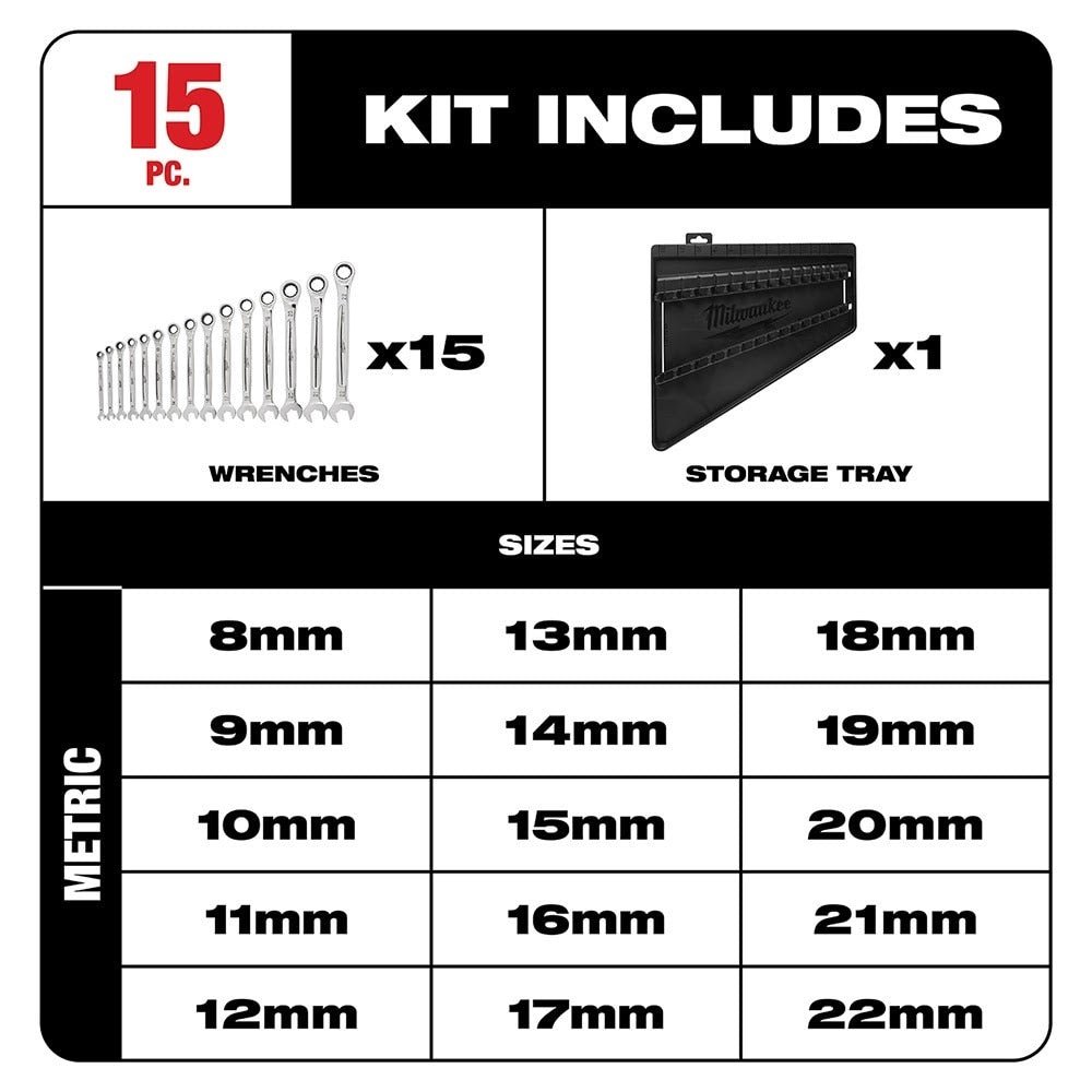 Milwaukee 48-22-9516 15 Piece Ratcheting Combination Wrench Set - Metric - Image 2