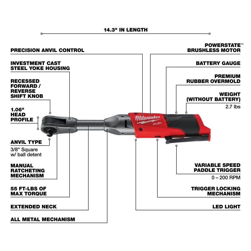 Milwaukee 2560-20 M12 FUEL 3/8" Extended Reach Ratchet, Bare Tool - Image 4