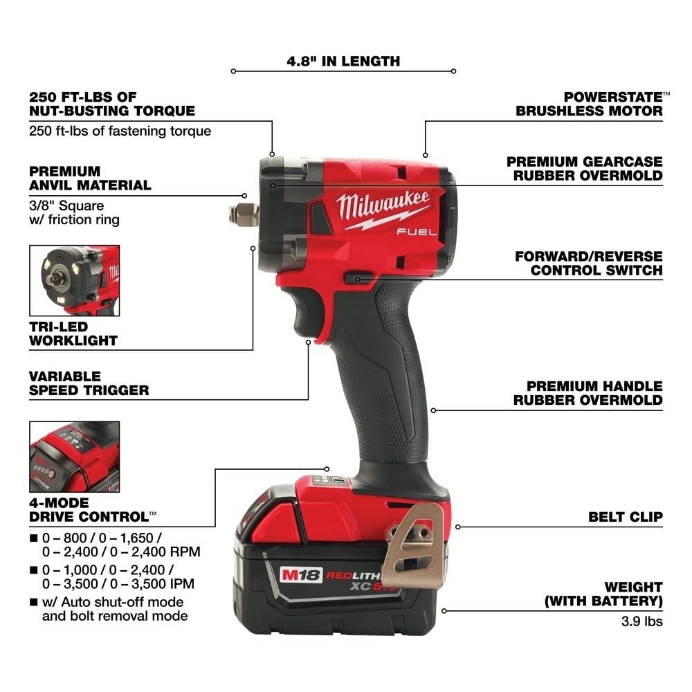 Milwaukee 2854-20 M18 FUEL 3/8" Compact Impact Wrench w/ Friction Ring Bare Tool - Image 4