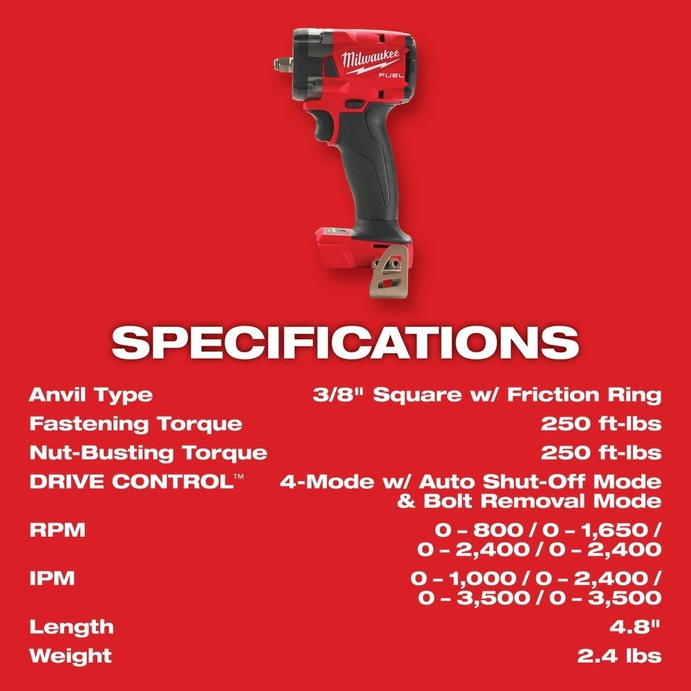 Milwaukee 2854-20 M18 FUEL 3/8" Compact Impact Wrench w/ Friction Ring Bare Tool - Image 8