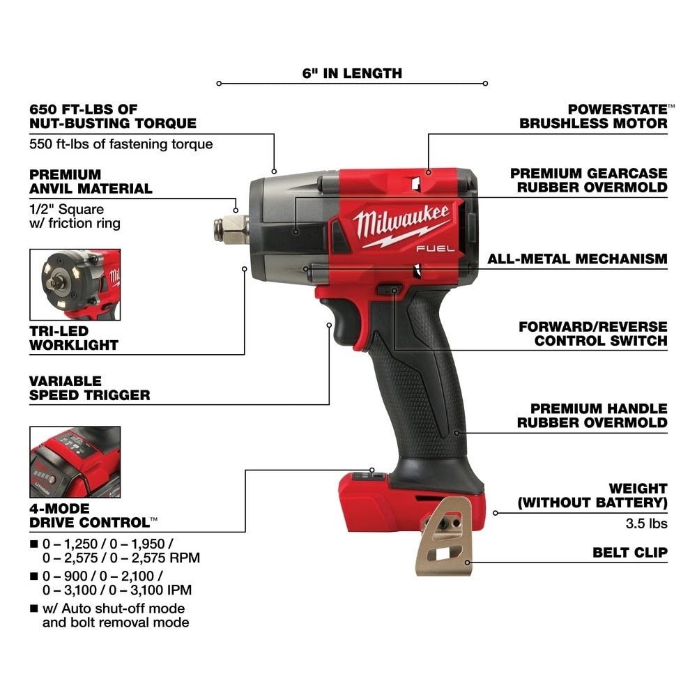 Milwaukee 2962-20 M18 FUEL™ 1/2" Mid-Torque Impact Wrench w/ Friction Ring, Bare Tool - Image 4