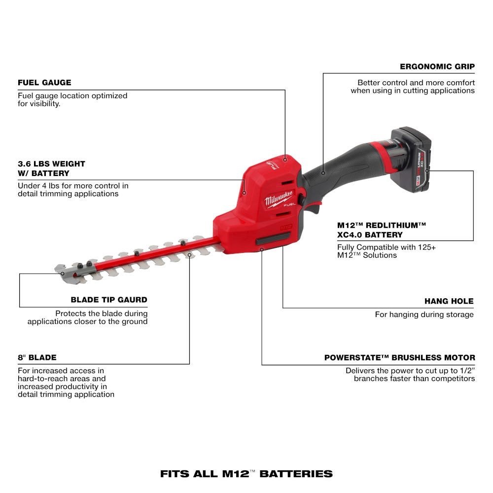 Milwaukee 2533-21 M12 FUEL 8-in Hedge Trimmer 4.0 Ah Kit - Image 4
