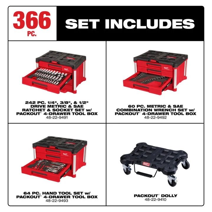 Milwaukee Master Mechanics Hand Tool Set with PACKOUT Drawers and Dolly, 366 Pieces - Image 2